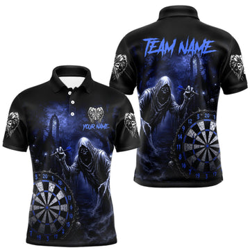 Maxcorners Custom Blue Dart Polo Shirt for Men Grim Reaper Throwing Darts Dark Gothic Dart Jersey LM1508