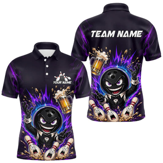 Maxcorners Custom Beer Bowling Shirt for Men Funny Bowling Team Jersey Polo & Quarter-Zip | Purple LM1508