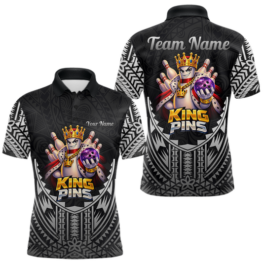 Maxcorners Funny King Pins Bowling Team Shirt for Men Custom Tribal Buddies Bowling Jersey Polo & 1/4 Zip