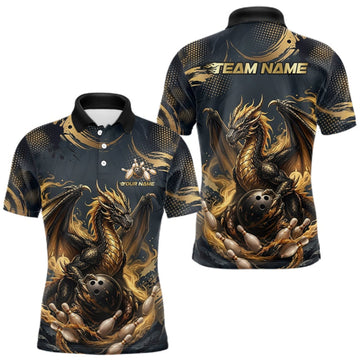 Maxcorners Black & Gold Dragon Bowling Jersey for Men Custom Bowling Team Shirt Polo & Quarter-Zip LM1508