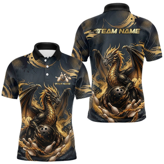 Maxcorners Black & Gold Dragon Bowling Jersey for Men Custom Bowling Team Shirt Polo & Quarter-Zip LM1508