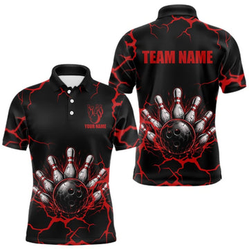 Maxcorners Custom Black & Red Thunder Bowling Shirt for Men Bowling Team Jersey Polo & Quarter-Zip LM1508