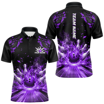 Maxcorners Custom Purple Flame Bowling Team Shirt for Men Polo & 1/4-Zip Bowling Jersey Bowling League Uniform