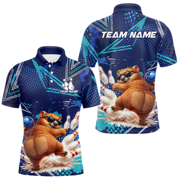 Maxcorners Custom Funny Wombat Bowling Team Shirt Navy Bowling Jersey for Men Bowling Performance