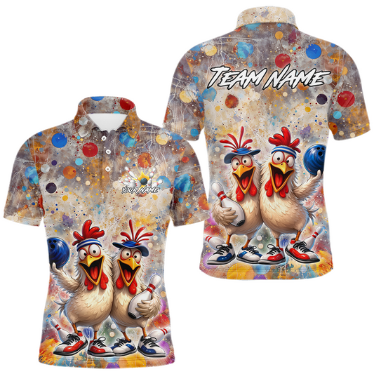 Maxcorners Custom Funny Chicken Bowling Team Shirt for Men Colorful Bowling Buddy Shirt Polo & 1/4 Bowling Outfit