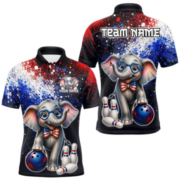 Maxcorners Custom American Flag Elephant Bowling Team Shirt for Men Patriotic Bowling Jersey Polo & 1/4-Zip