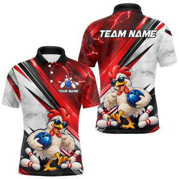 Maxcorners Funny Chicken Bowling Shirt for Men Custom Red White Bowling Jersey Polo & 1/4-Zip LM1910