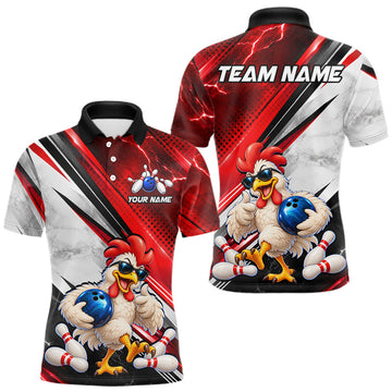 Maxcorners Funny Chicken Bowling Shirt for Men Custom Red White Bowling Jersey Polo & 1/4-Zip