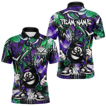 Maxcorners Funny Green & Purple 8 Ball and Cue Billiards Shirt for Men Custom Pool Team Jersey Billiard Player Gift