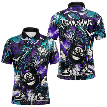 Maxcorners Funny Teal & Purple 8 Ball and Cue Billiards Shirt for Men Custom Pool Team Jersey Billiard Player Gift