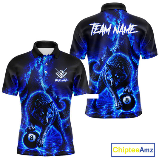 Maxcorners Custom Neon Blue Wolf 8-Ball Billiard Shirt for Men, Billiard Team Jersey and Pool Outfit