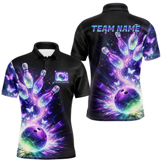 Maxcorners Cat Aurora Galaxy Bowling Shirt for Men Custom Neon Glow Bowling Jersey Polo & Quarter-Zip