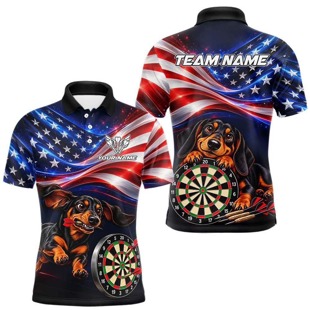Maxcorners Custom American Flag Funny Dachshund Darts Shirt for Men Dart Team Jersey Polo & Quarter-Zip