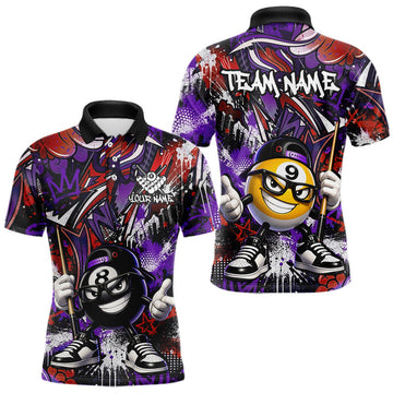 Maxcorners Purple Red Funny 8 Ball 9 Ball and Cue Billiards Shirt for Men Custom Pool Team Jersey Billiard Player Gift