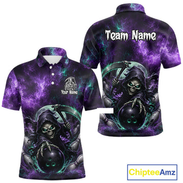 Maxcorners Custom Purple Lightning Grim Reaper Bowling Shirt for Men, Bowling Team Jersey and Bowling Outfit