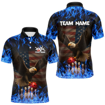 Maxcorners Custom Blue Flames Eagle Bowling Shirt for Men American Flag Bowling Team Jersey Polo & 1/4 Zip LM0409