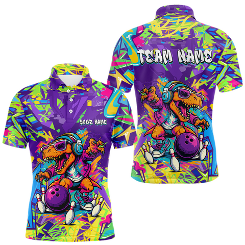 Maxcorners Custom Funny Graffiti Dinosaur Bowling Shirt Polo & 1/4 Zip Bowling Jersey for Men Bowling Outfit LM3010