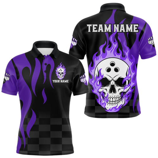 Maxcorners Purple Flame Skull Bowling Shirt Bowling Team Jersey for Men Polo & 1/4-Zip Bowling Outfit