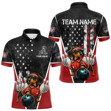 Maxcorners Custom American Flag Dachshund Bowling Team Shirt for Men, Patriotic Bowling Jersey, Gift for Bowlers LM0208