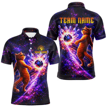 Maxcorners Galaxy Funny Cat Bowling Shirt for Men Custom Bowling League Jersey Polo & Quarter-Zip Bowler Gift