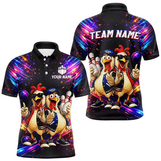 Maxcorners Custom Neon Funny Chicken Bowling Team Jersey for Men Bowling Shirt Bowling Tournament Polo & 1/4-Zip LM2603