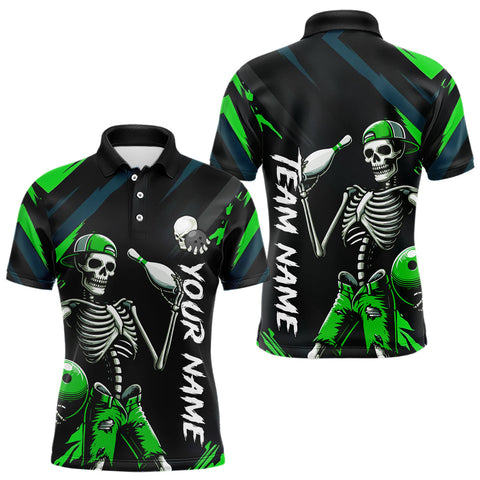 Maxcorners Custom Green Skull Bowling Team Shirt for Men Polo & 1/4 Zip Bowling League Jersey Bowling Unisex LM3010