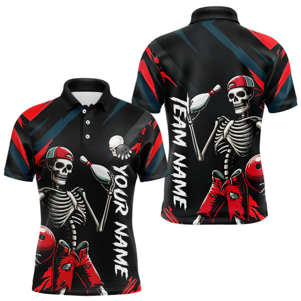 Maxcorners Custom Red Skull Bowling Team Shirt for Men Polo & 1/4 Zip Bowling League Jersey Bowling Unisex LM3010