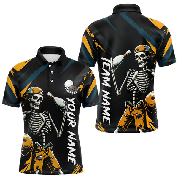 Maxcorners Custom Yellow Skull Bowling Team Shirt for Men Polo & 1/4 Zip Bowling League Jersey Bowling Unisex LM3010