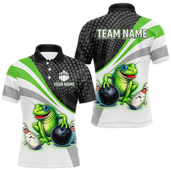 Maxcorners Personalized Funny Green Frog Bowling Shirt Ugly Bowling Jersey Unisex Polo for Men
