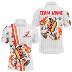 Maxcorners Funny Mens Golf Polo Shirt Custom Orange And White Fire Flame Hot Dog Pattern White Golf Shirts LM1812