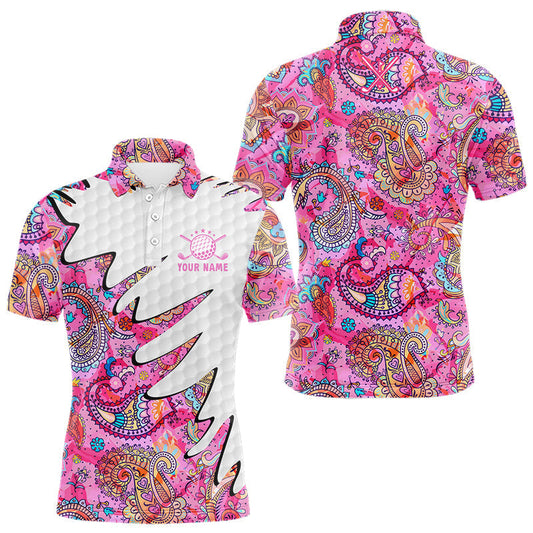 Maxcorners Pink Paisley Pattern Mens Golf Polo Shirt Custom Tropical Golf Attire For Men, Golf Gifts