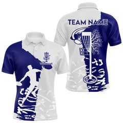 Maxcorners Mens Disc Golf Polo Shirt Custom Name White And Blue Disc Golf Basket Personalized Disc Golf Shirts