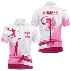 Maxcorners Pink Disc Golf Basket Mens Quarter Zip Polo Shirt Custom Name & Number Team Disc Golf Shirt