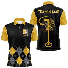 Maxcorners Argyle Pattern Mens Disc Golf Polo Shirt Yellow Disc Golf Basket Quarter Zip With Custom Name & Number