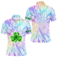 Maxcorners Colorful Pastel Tie Dye Mens Golf Polo Shirt Custom Green Clover St Patrick Day Golf Tops, Golf Gifts LM2901