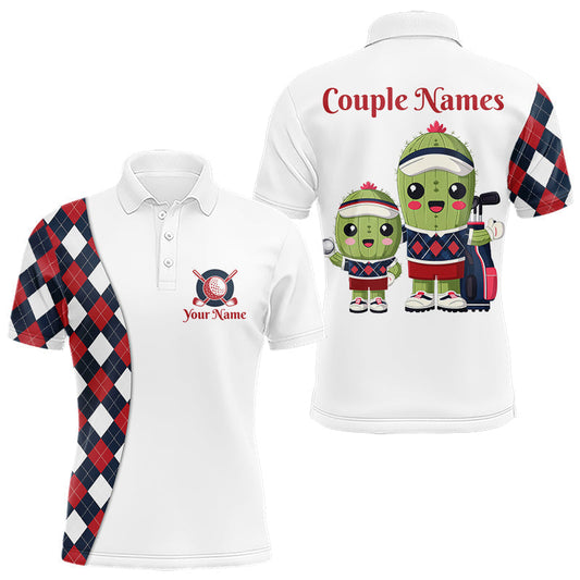 Maxcorners Matching Golf Polo Shirts for Couples Custom Red & Blue Argyle Pattern Golf Ball Cactus Golf Shirts