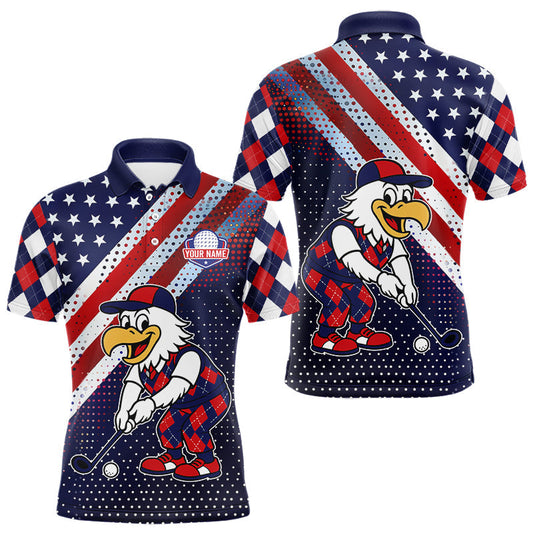 Maxcorners Funny American Flag Eagle Mens Golf Polo Shirts Patriotic Red & Blue Argyle Pattern Golf Ball Custom