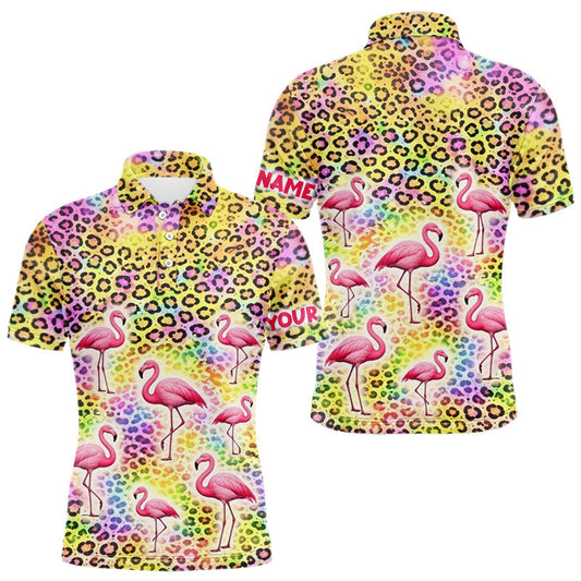 Maxcorners Flamingo Mens Golf Polo Shirt Colorful Rainbow Leopard Print Pattern Custom Team Golf Tops For Men