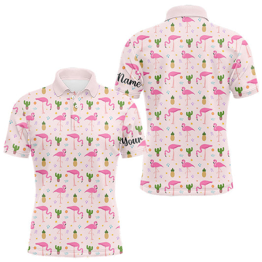 Maxcorners Pink Flamingo Pattern Mens Golf Polo Shirts Custom Funny Desert Cactus Team Golf Tops For Men, Golf Gifts