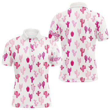 Maxcorners Funny Pink Cactus Pattern Mens Golf Polo Shirts Custom Cactus Golf Attire For Men, Golfer Gift