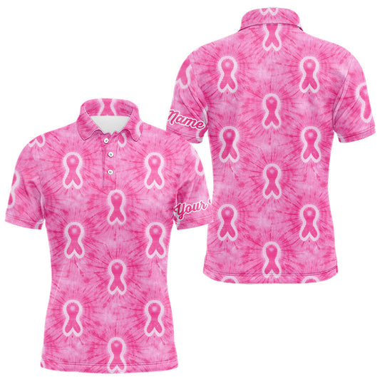 Maxcorners Pink Breast Cancer Golf Shirt Custom Name Tie Dye Mens Golf Polo Shirt Personalized Golf Gifts LM2201
