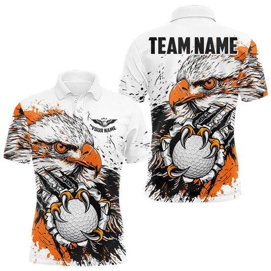Maxcorners Custom Mens Golf Polo Shirt Orange & White Grunge Ripped Eagle Grasping Golf Ball Golf Apparel
