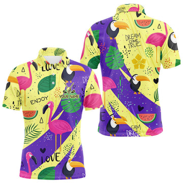 Maxcorners Funny Mens Golf Polo Shirt Custom Tropical Summer Pattern Flamingo Golf Shirts For Men