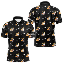 Maxcorners Black Mens Golf Polo Shirt Custom Cute Dogs Corgi Print Golf Shirts For Men, Dog Lover Gift