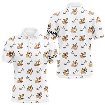 Maxcorners Mens Golf Polo Shirt Custom Cute Dogs Corgi Print White Golf Shirts For Men, Dog Lover Gift