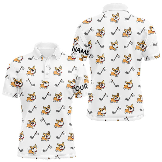 Maxcorners Mens Golf Polo Shirt Custom Cute Dogs Corgi Print White Golf Shirts For Men, Dog Lover Gift