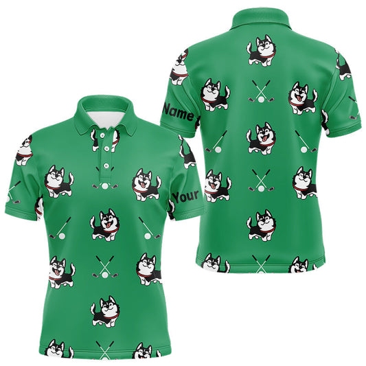 Maxcorners Mens Golf Polo Shirt Custom Funny Husky Green Pattern Team Men Golf Tops, Dog Lover Gift LM2201