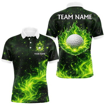 Maxcorners Mens Golf Polo Shirt Neon Green Flame Golf Ball Custom Green Clover St Patricks Day Golf Shirts