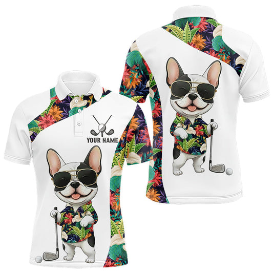 Maxcorners Funny Mens Golf Polo Shirt Custom Tropical Leaf Pattern Personalized Bulldog Golf Shirts For Men