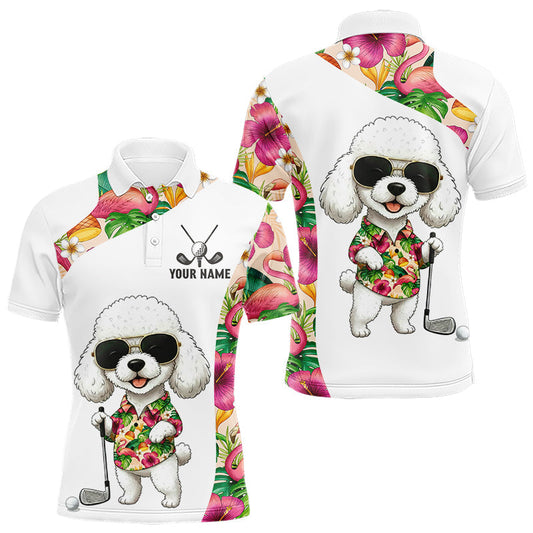 Maxcorners Funny Mens Golf Polo Shirt Custom Tropical Flamingo Pink Pattern, White Poodle Golf Outfit For Men